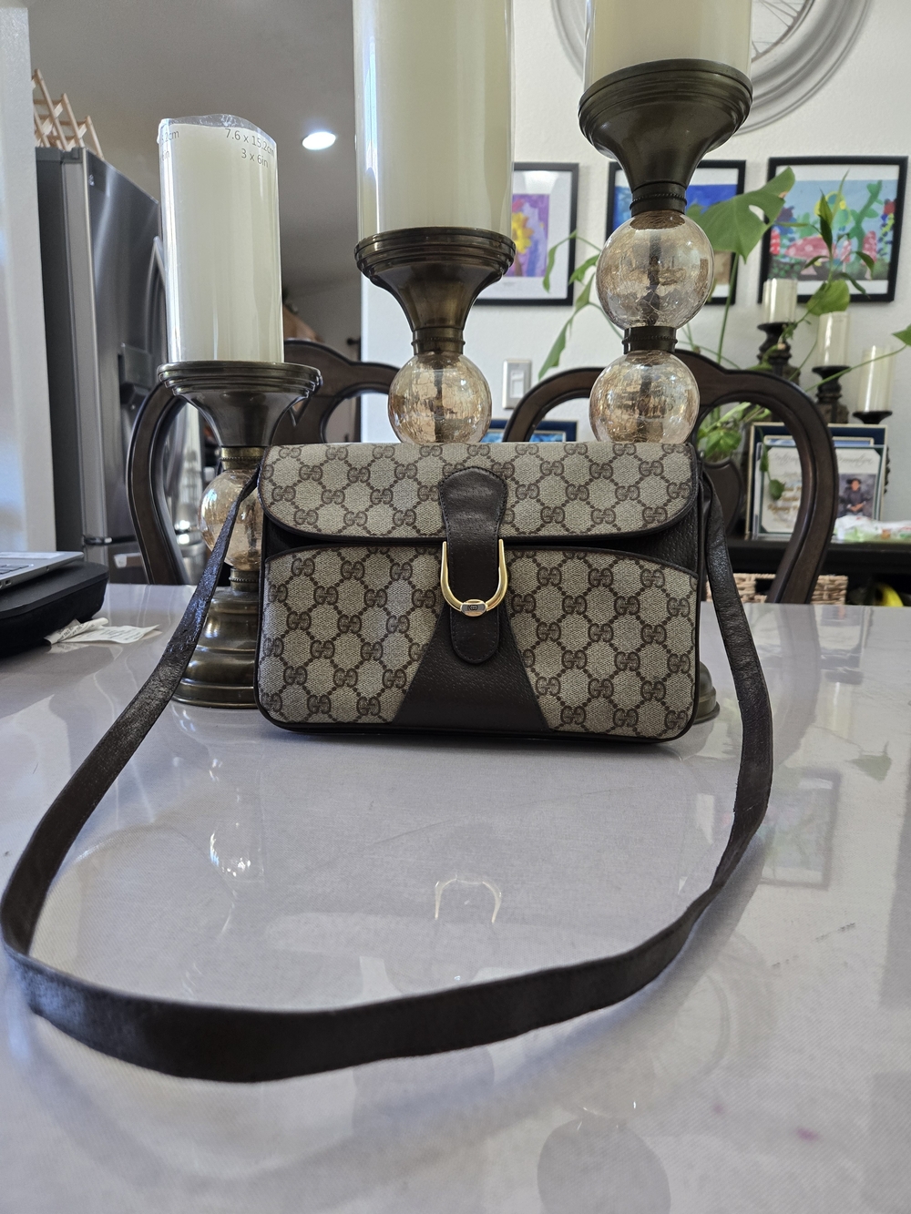Gucci Brown GG Canvas Crossbody Bag with Dark Brown Leather Trim